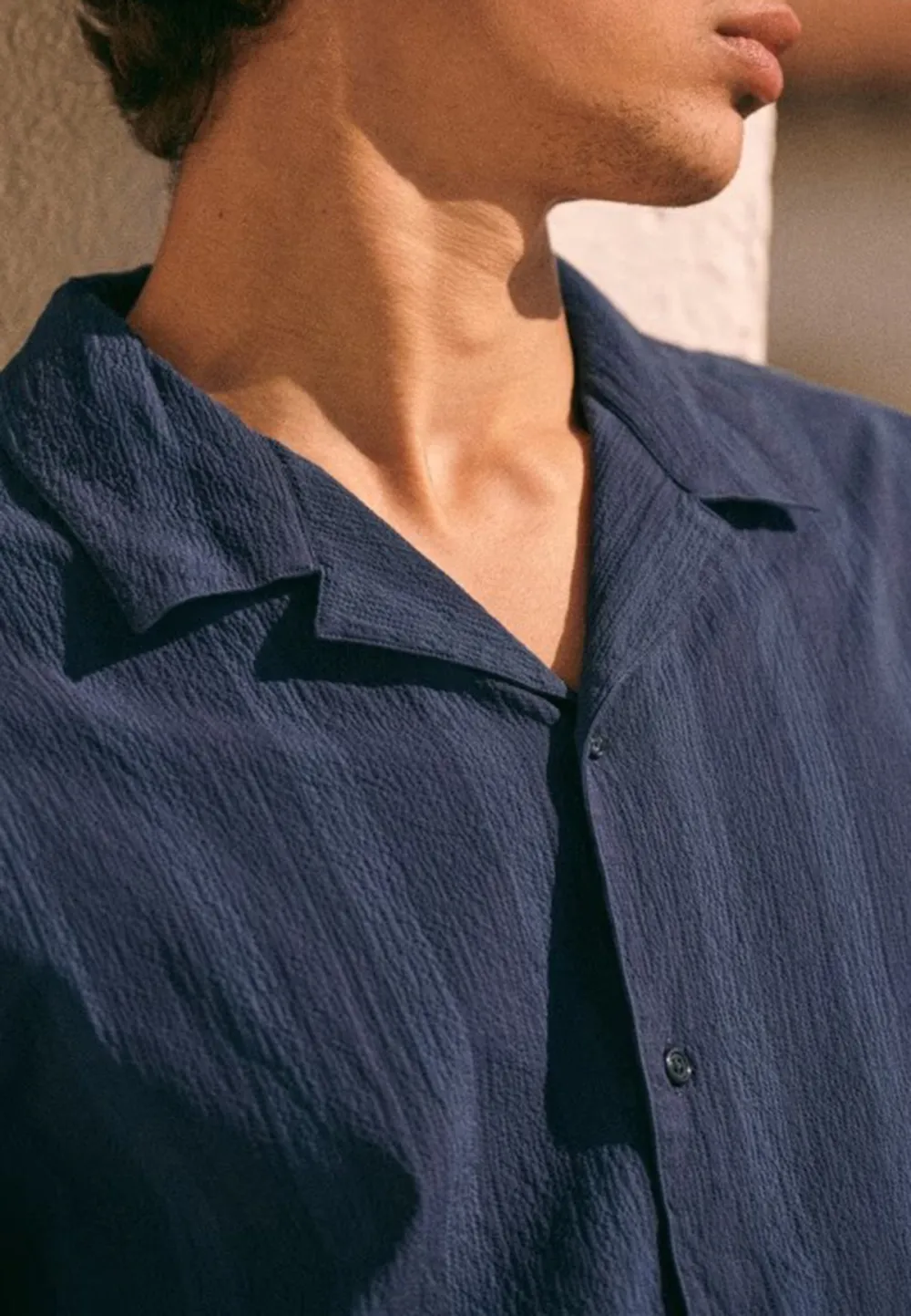 Navy Blue Seersucker Camp Collar Short Sleeve Shirt