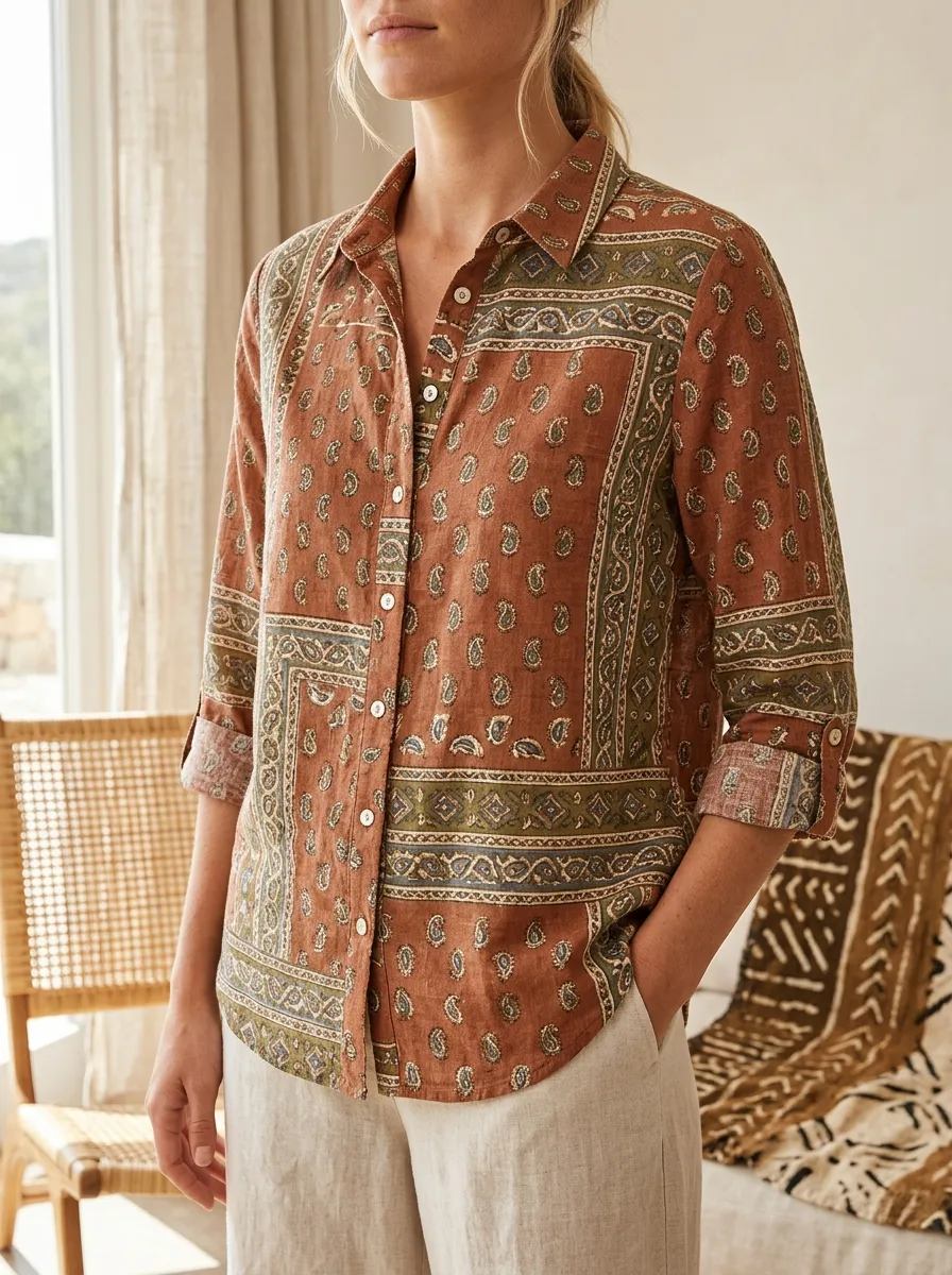 Women's Boho Paisley Pattern Printed Button Down Shirt