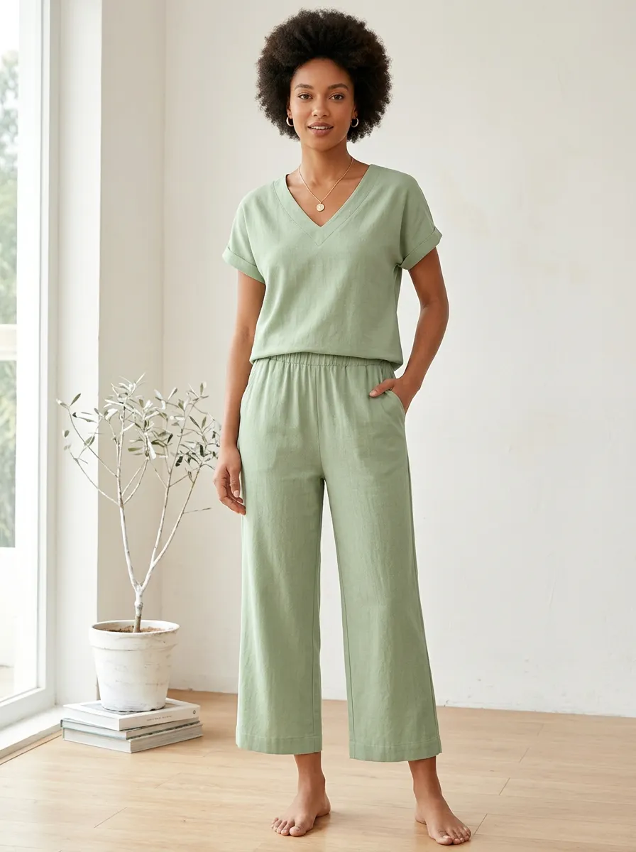 Trimmed Relaxed Women's V-Neck Casual Lounge Set