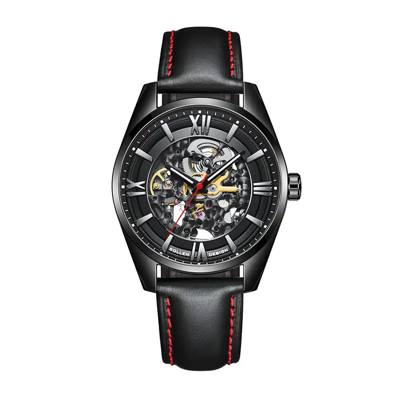 Sollen SL615 Automatic Watch - Men's Double-Sided Engraved Skeleton Dial Luminous Leather Strap Wristwatch