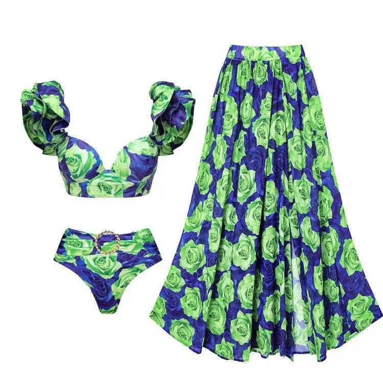 Ruffle Shoulder Two Piece Bikini Set with Skirt/pants Cover