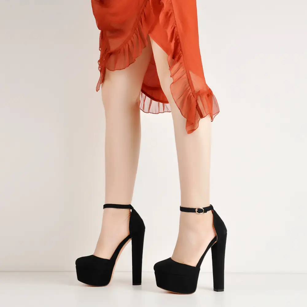 Suede Finish Round Toe Platform Chunky Heel Pumps