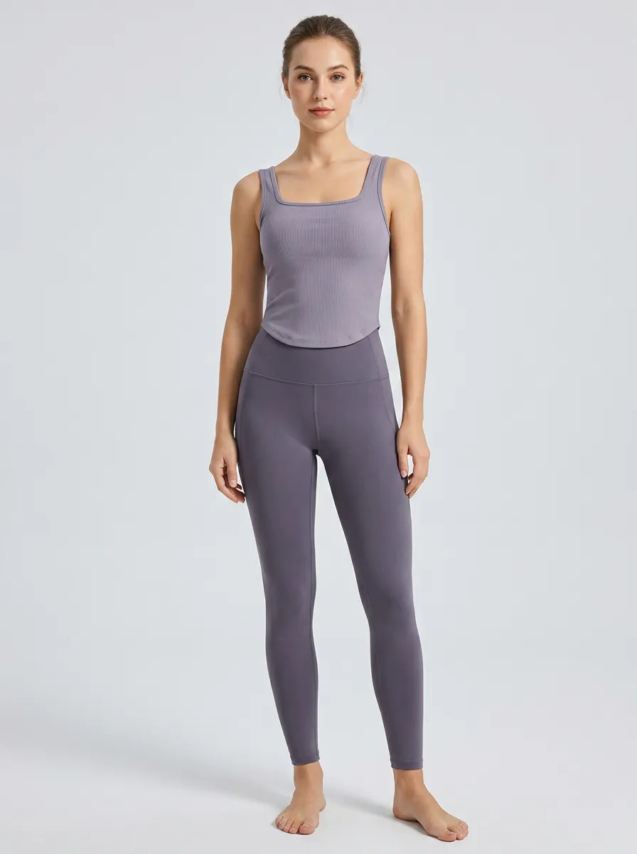 Women's Yoga Fitness Ribbed Square Neck Solid Printed Sportswear Set