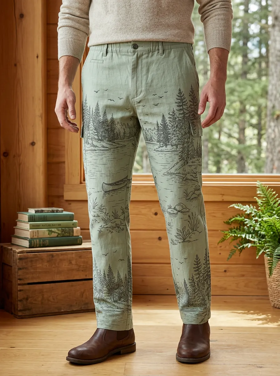 Men's Nature Lover Forest Lake Canoe Printed Pants