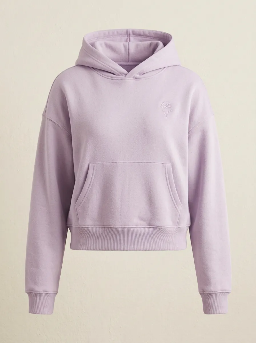 Women's Minimalist Floral Line Art Embroidered Beige Hoodie