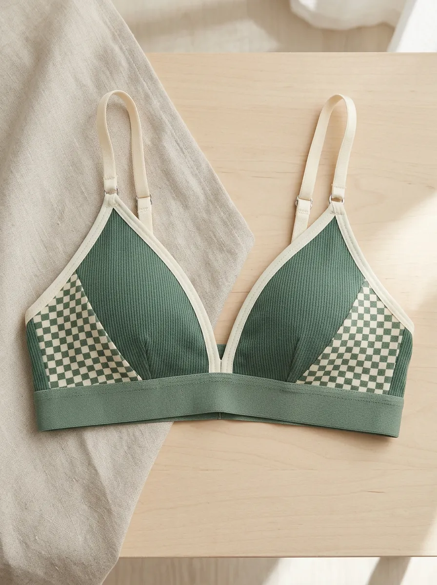 Women's Green Checkerboard Ribbed Printed Bralette