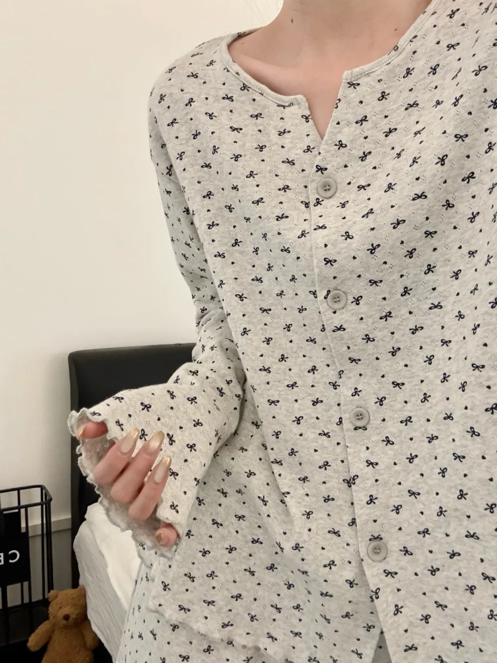 Bow Knot Print Lettuce-Edge Pajama Set