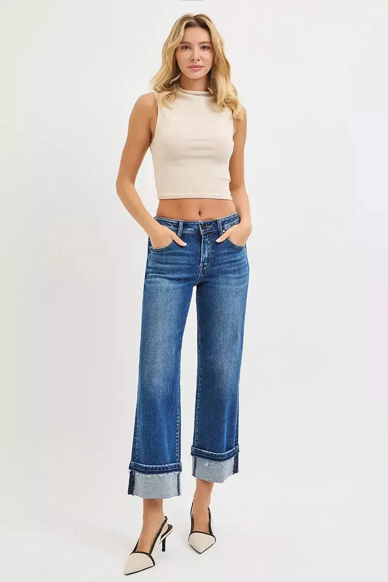 Mid Rise Straight Leg Cuffed Denim Jeans