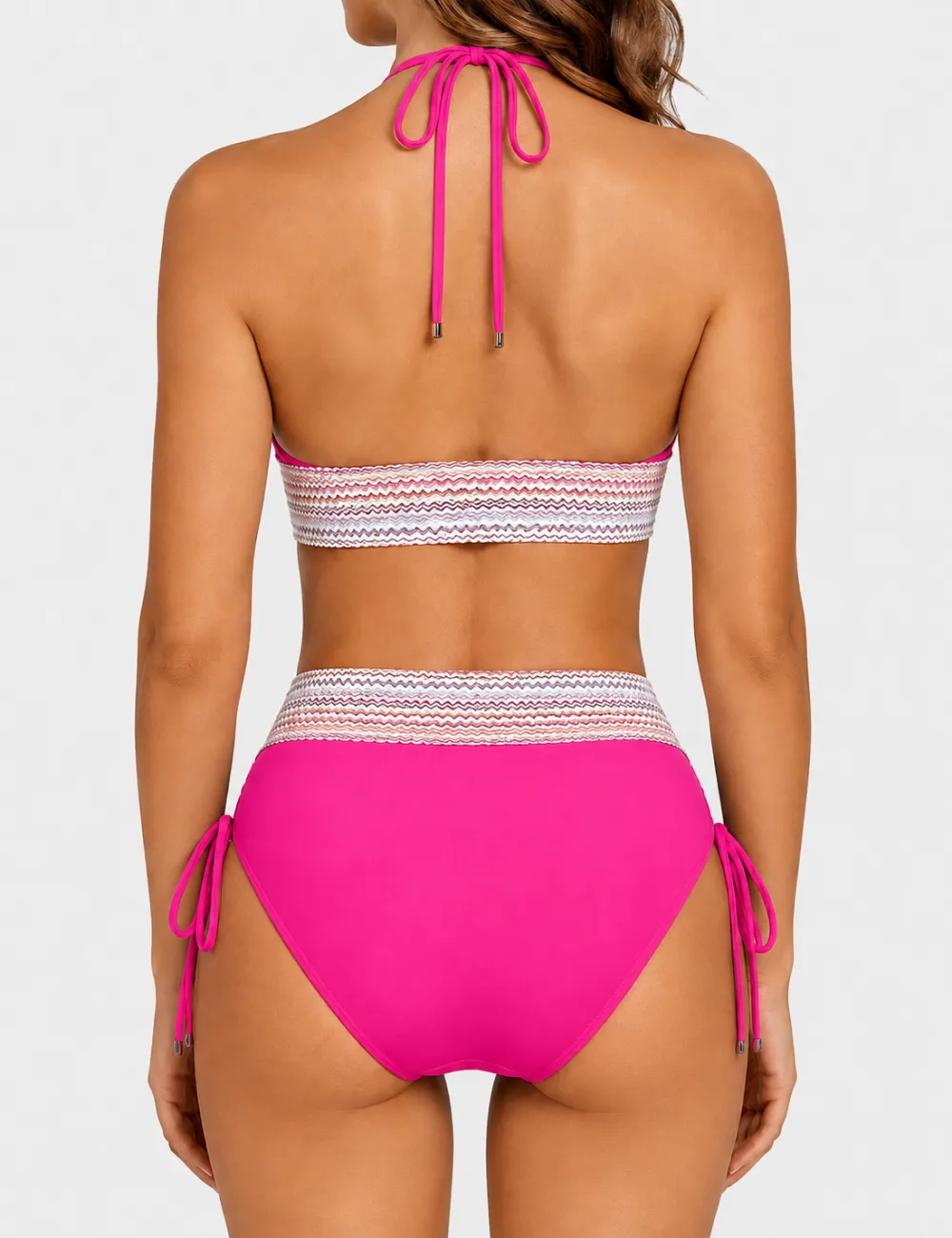 Deep V Neck Colorful Zigzag Smocked Trim Bikini Set