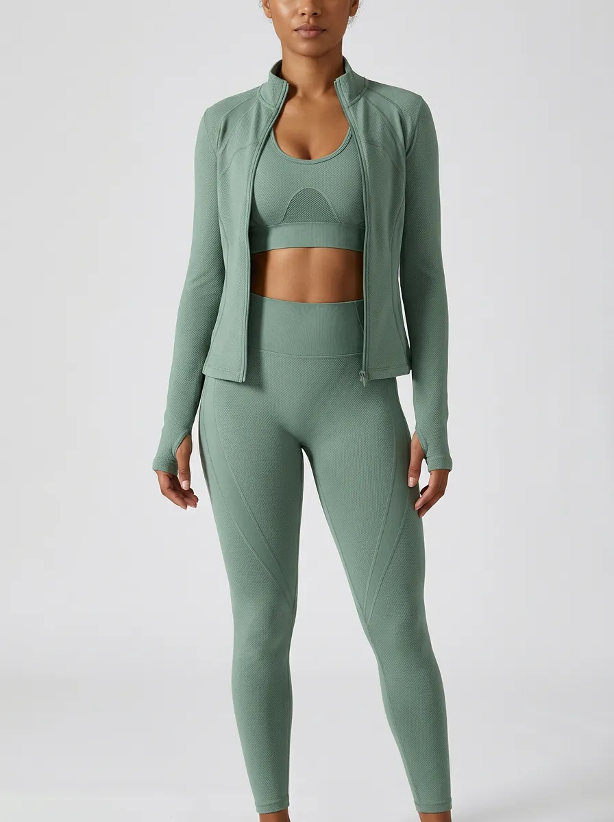 Athletic Textured Detail Seamless Design Collection Women's Three Piece Activewear Set