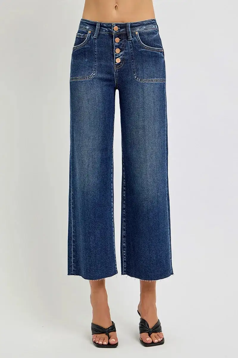 Easy High Waist Wide Leg Button Denim Jeans