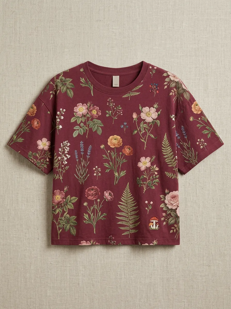 Women's Botanical Garden Floral Mushroom Printed T-shirt