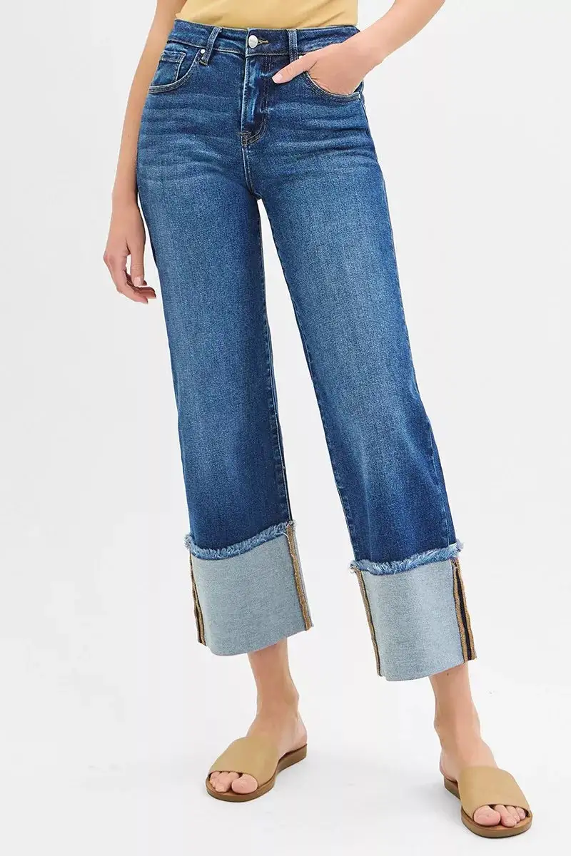 Mid Rise Wide Leg Cuffed Denim Jeans