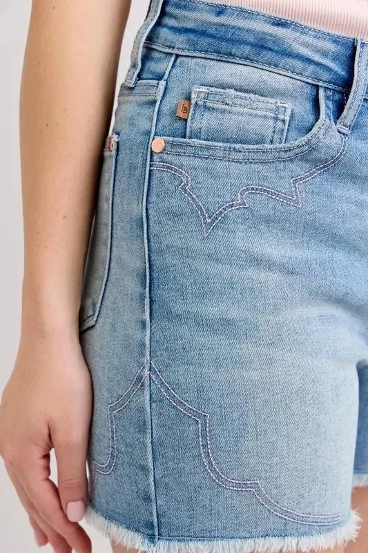 High-Waist Western Embroidery Cutoff Denim Shorts
