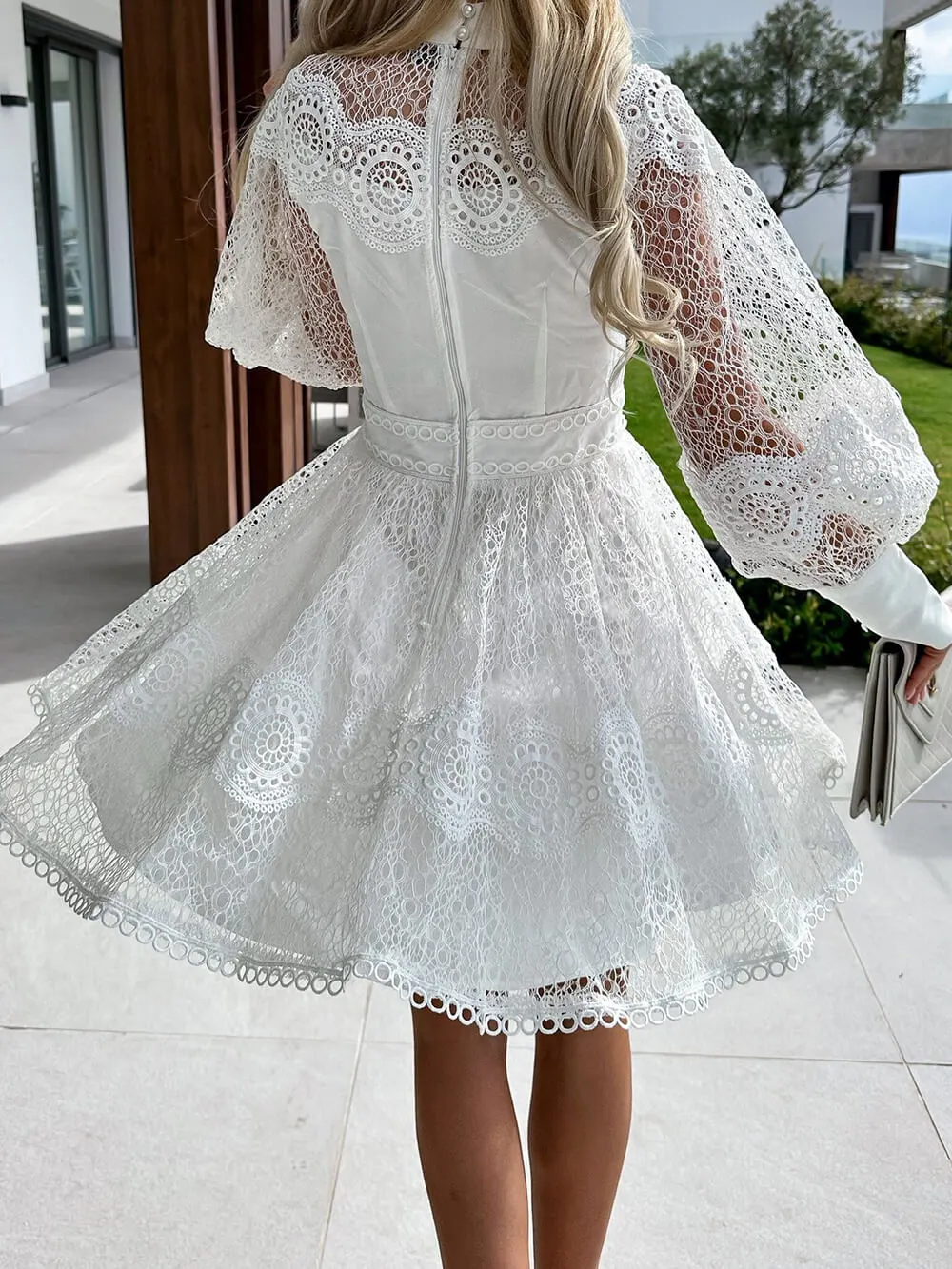 Lace Trim Long Sleeve Elegant Mini Dress