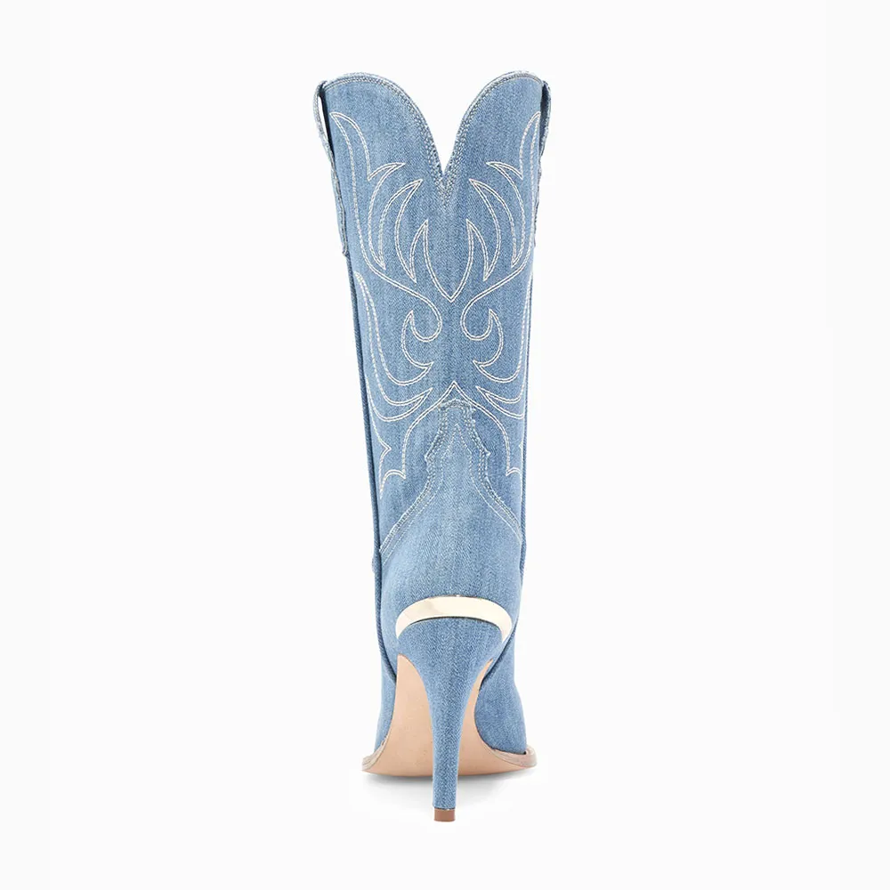 Classic Denim Embroidered Pointed-Toe Stiletto-Heel Western Boots