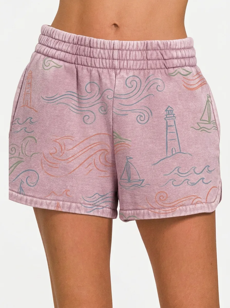 Women's Willow Coastal Nautical Lighthouse Sailboat Printed Shorts