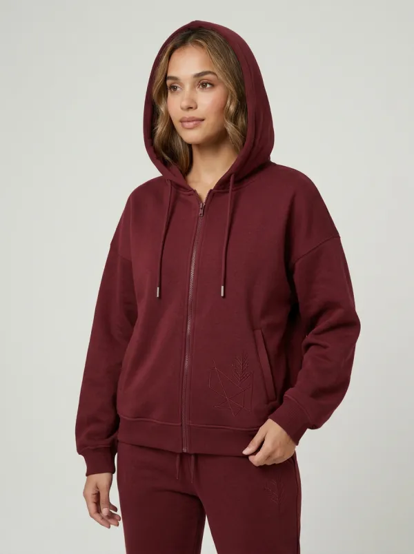 Women's Charcoal Geometric Leaf Graphic Zip-Up Hoodie Jacket & Jogger Set