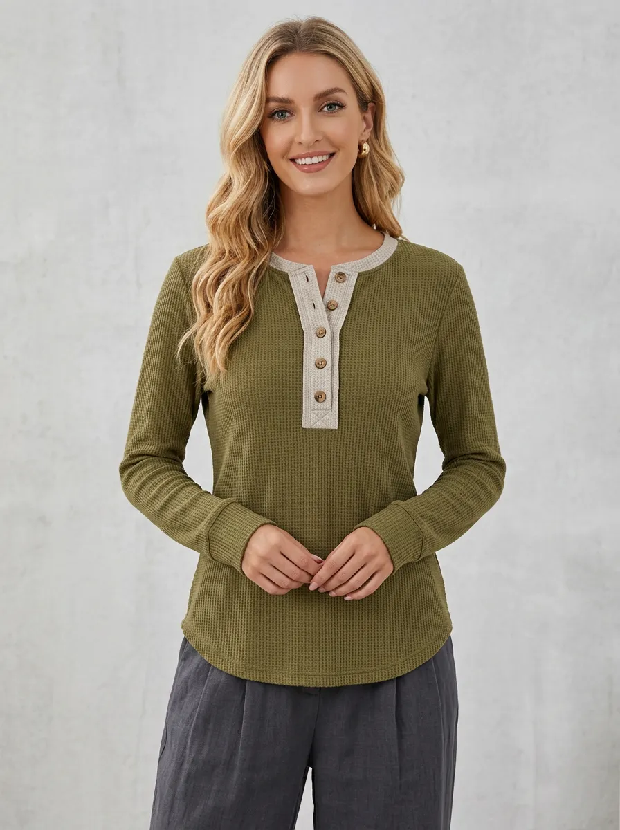 Women's Casual Olive Waffle Knit Button Placket Henley Shirt