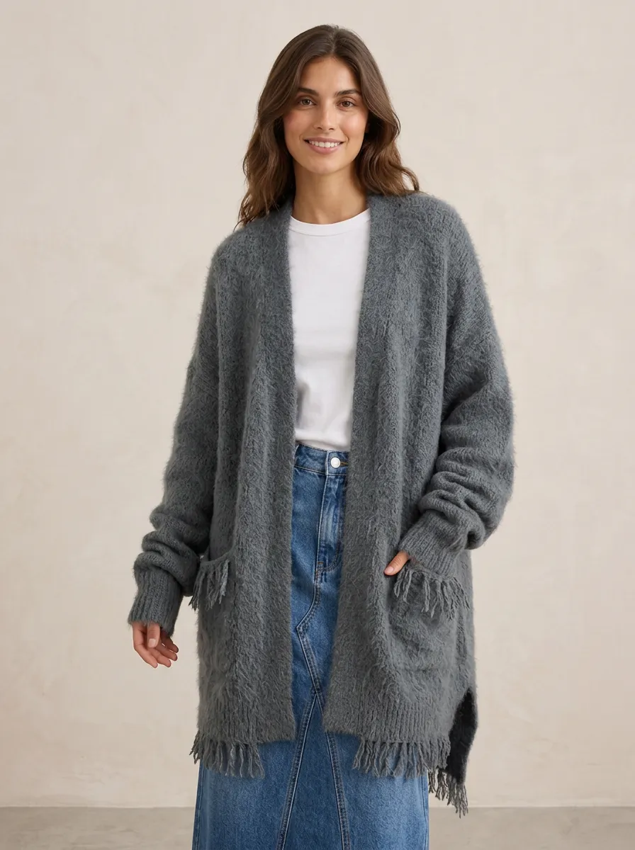 Women's Casual Fashion Grey Fuzzy Fringed Open Front Cardigan