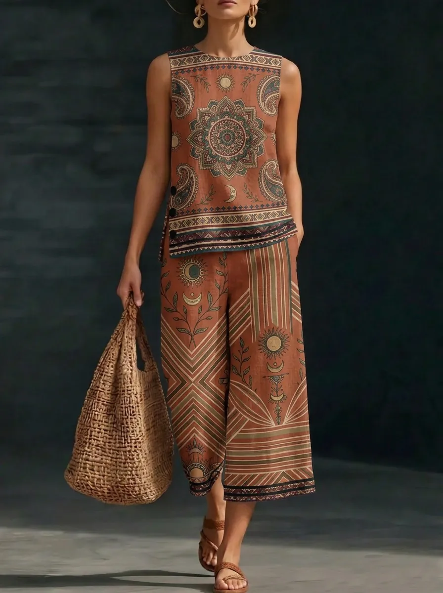 Women's Bohemian Mandala Sun Moon Printed Sleeveless Set