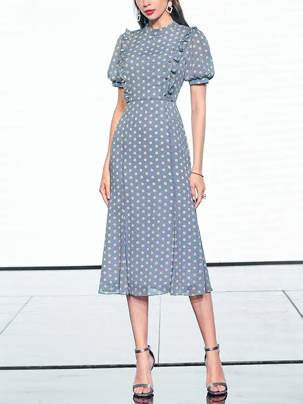 Chiffon Polka Puff Long Dress