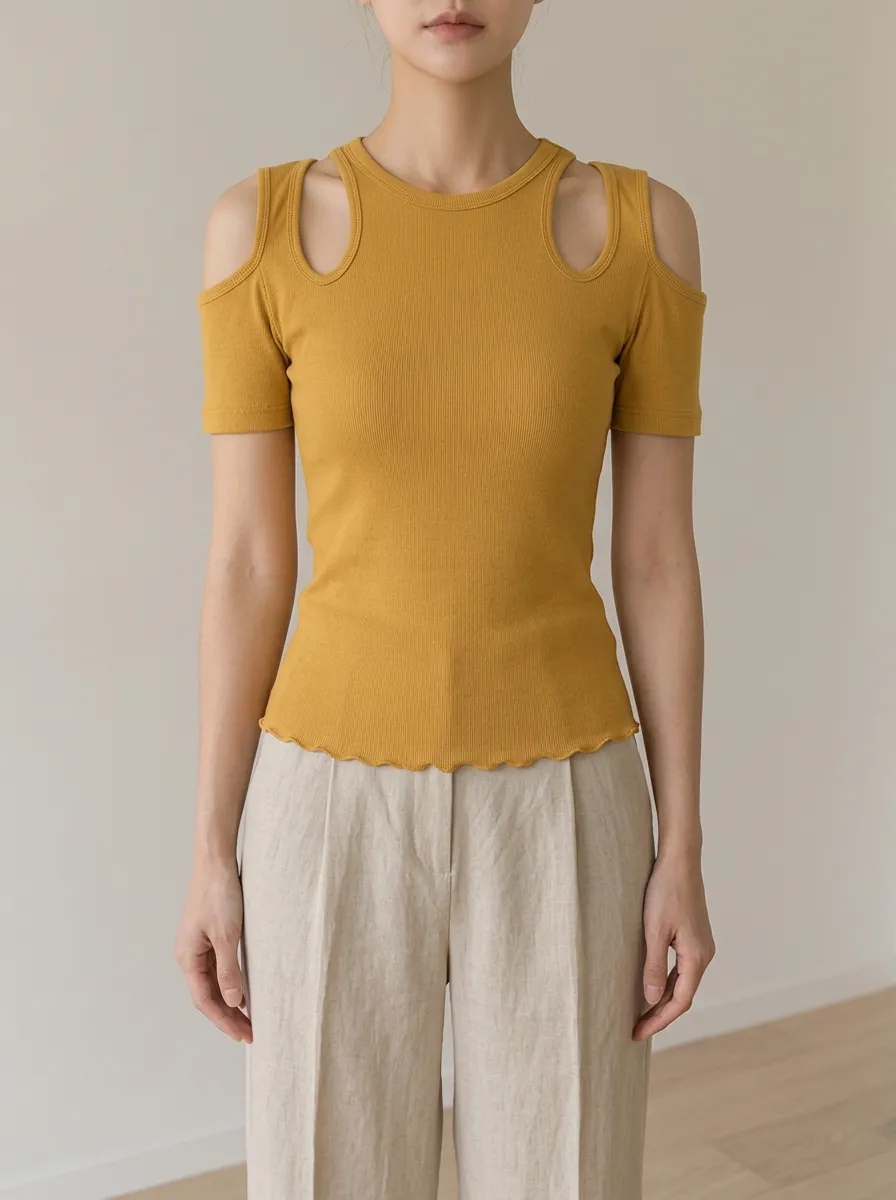 Women's Mustard Yellow Ribbed Cold Shoulder Lettuce Edge Top