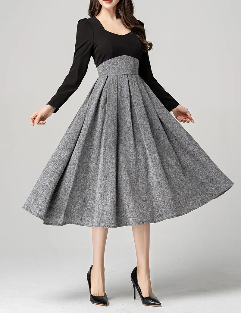 Polyester Fit And Flare Square Neck Long Sleeve Midi Dress