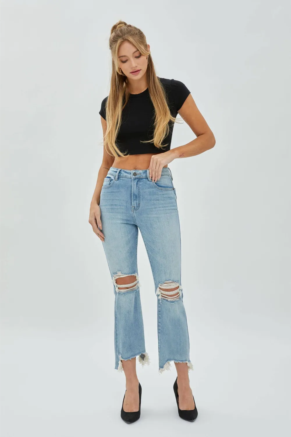 Sequin Flared Cropped Distressed Jeans