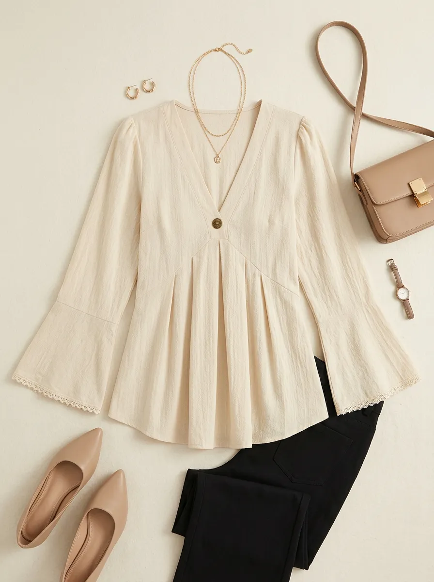 V-Neck Button Front Lace Trim Bell Sleeve Blouse