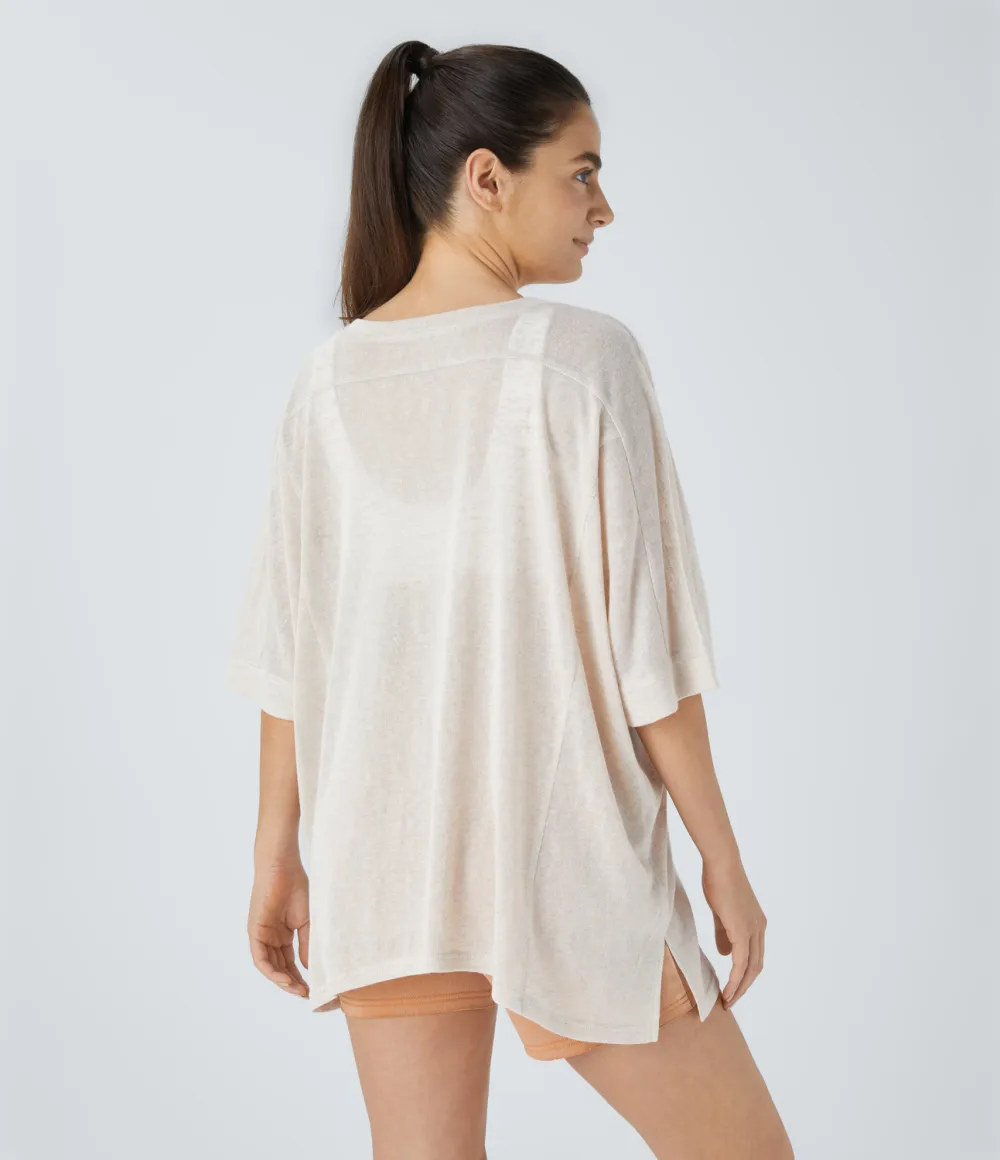 Asymmetric Split Hem Sheer Oversize Casual Top