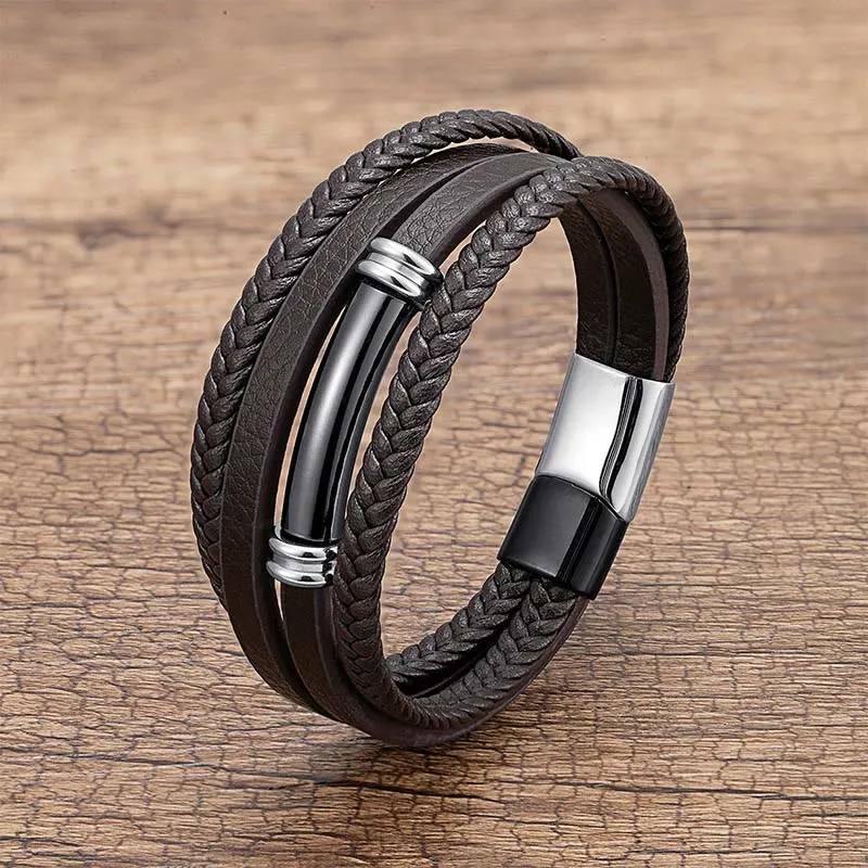 Multi Layered Simple Design Leather Titanium Steel Bracelet