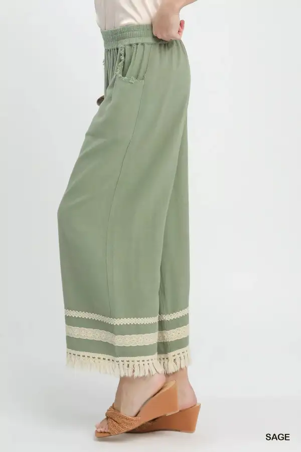 Lace Trim Fringe Hem Wide Leg Pants