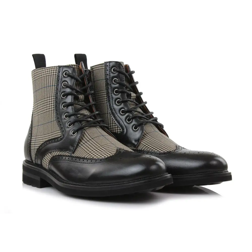 Faux-Leather Wingtip Brogue Motorcycle Boots