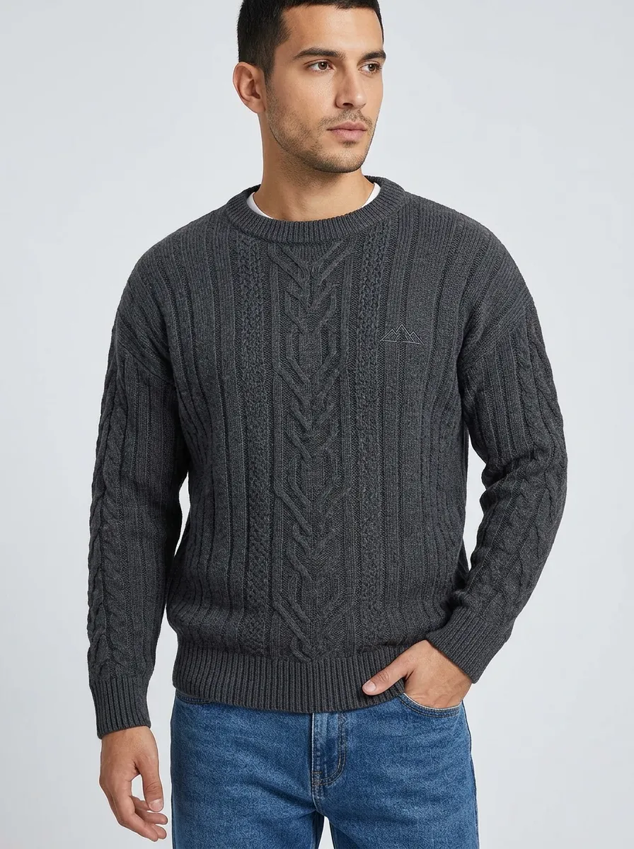 Men's Charcoal Grey Cable Knit Crewneck Sweater