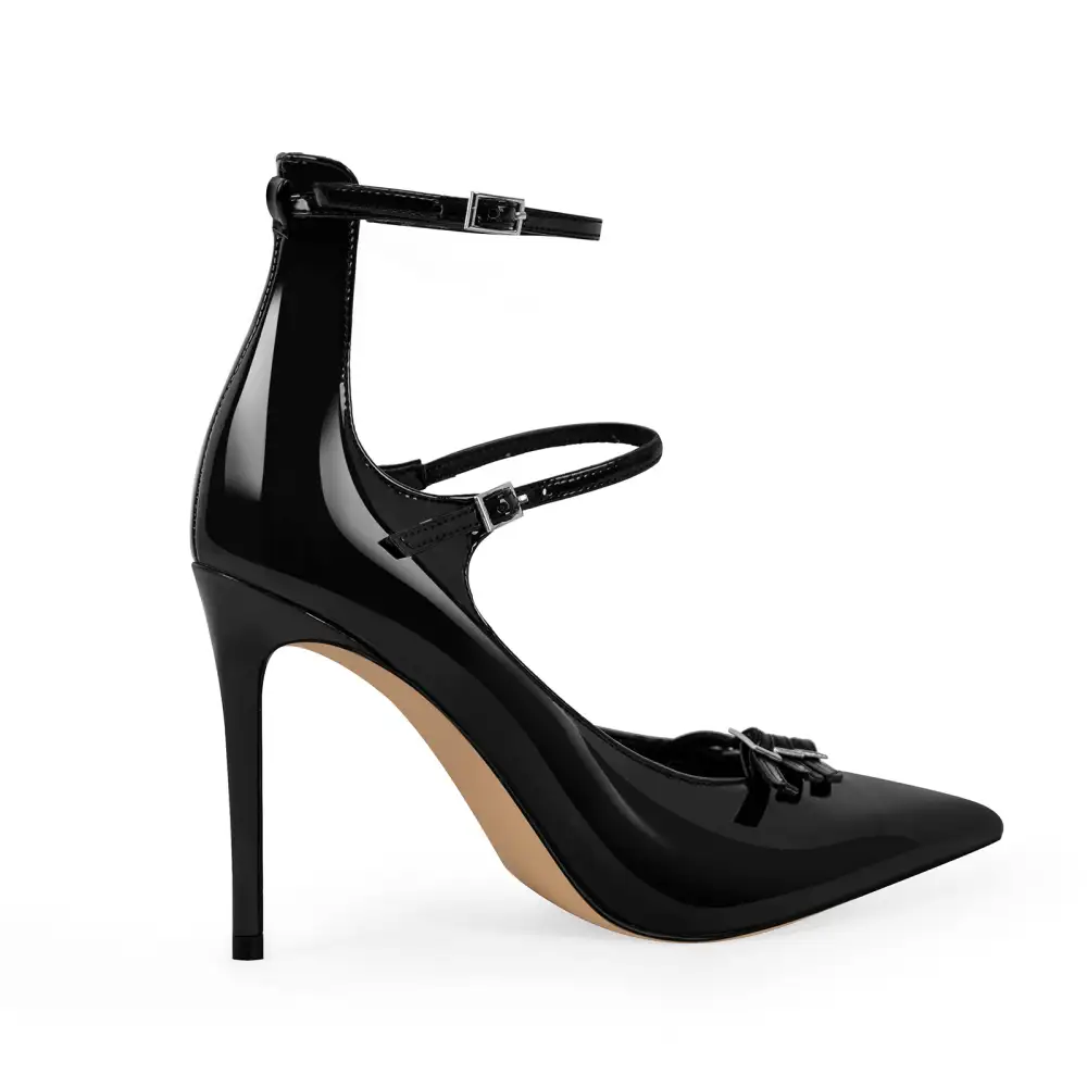 Polished Pointed Toe Stiletto Ankle Strap Pumps