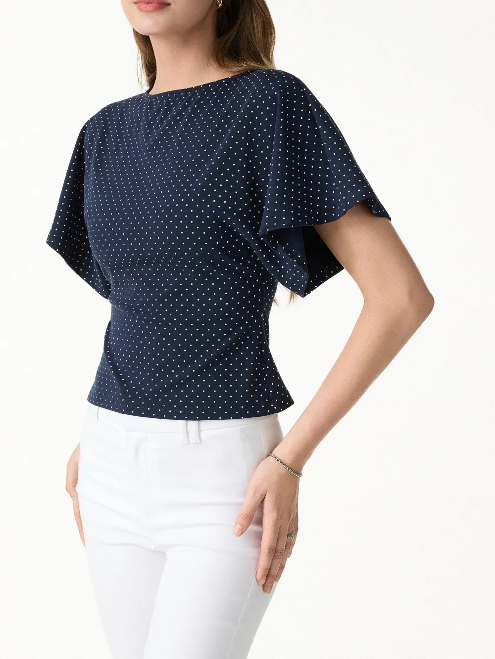 Soft Stretch Cotton Boatneck Flutter Sleeves Polka Dot Top