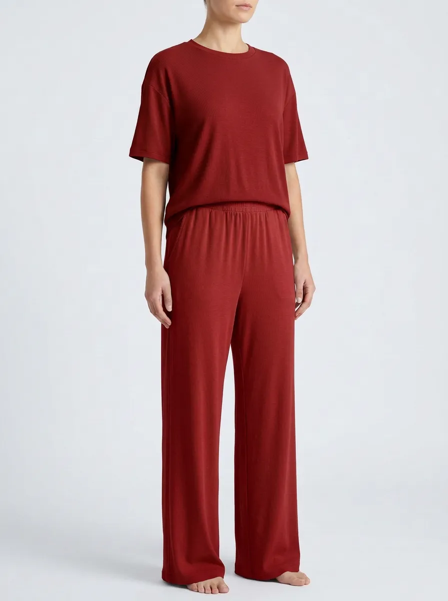 Women's Ribbed Drop-Shoulder Top And Wide-Leg Trouser Lounge Set