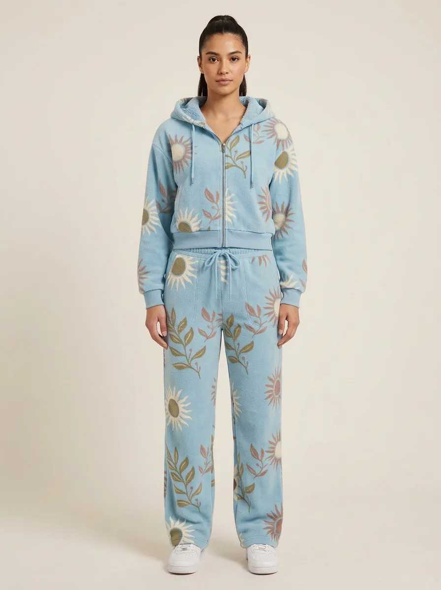 Women's Floral Print Zip-Up Hoodie And Jogger Set