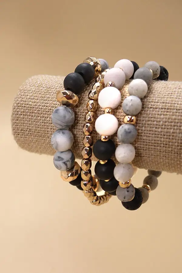 Wood And Glass Stretch Bracelet Set
