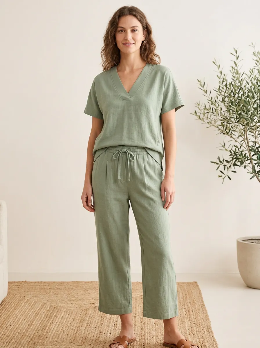 Button-Down Linen-Blend Women's V-Neck Shirt