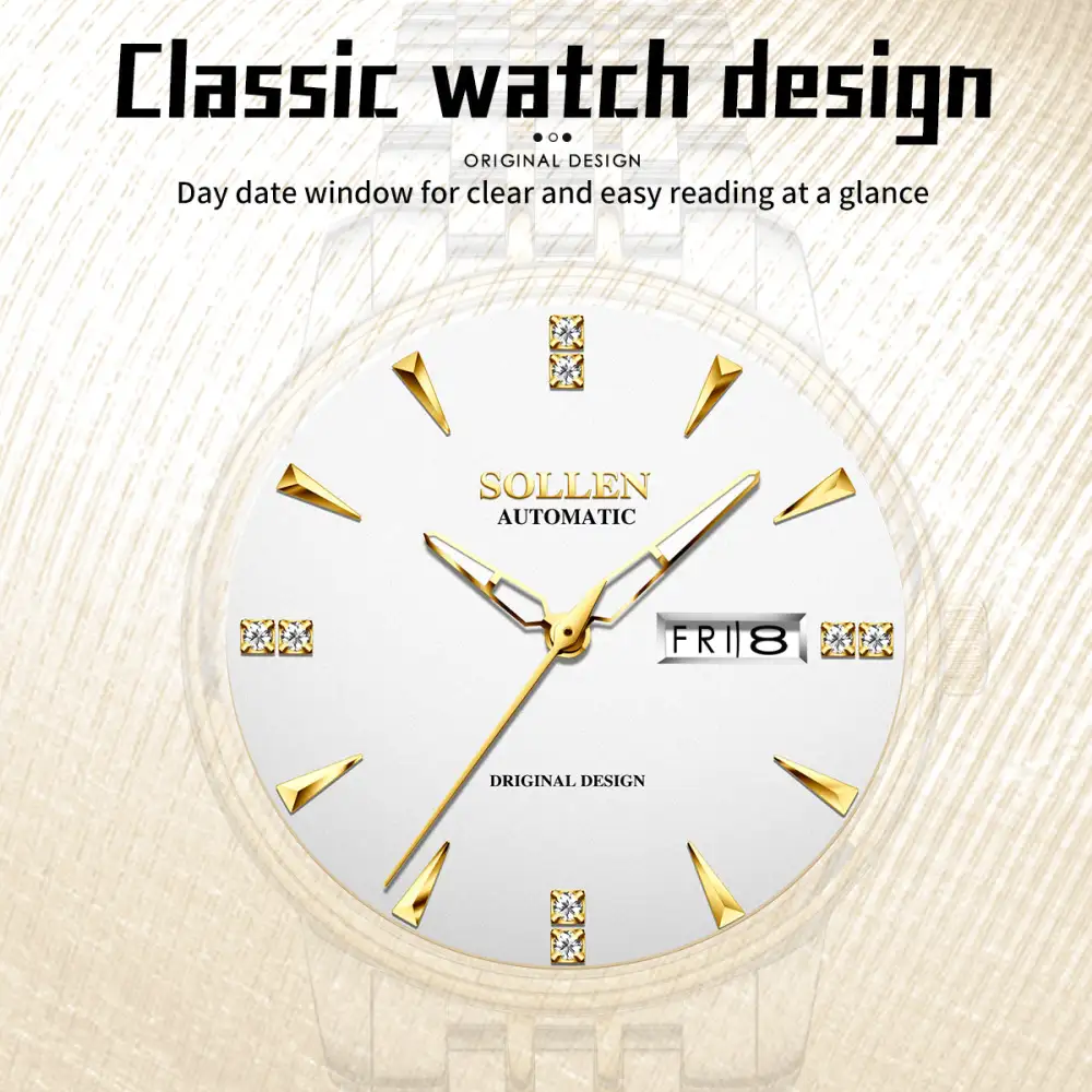 Sollen 9052 Automatic Watch - Men's Dress 8 Crystal Accent 8 Faceted Marker 7-Bead Stainless Steel Bracelet Wristwatch