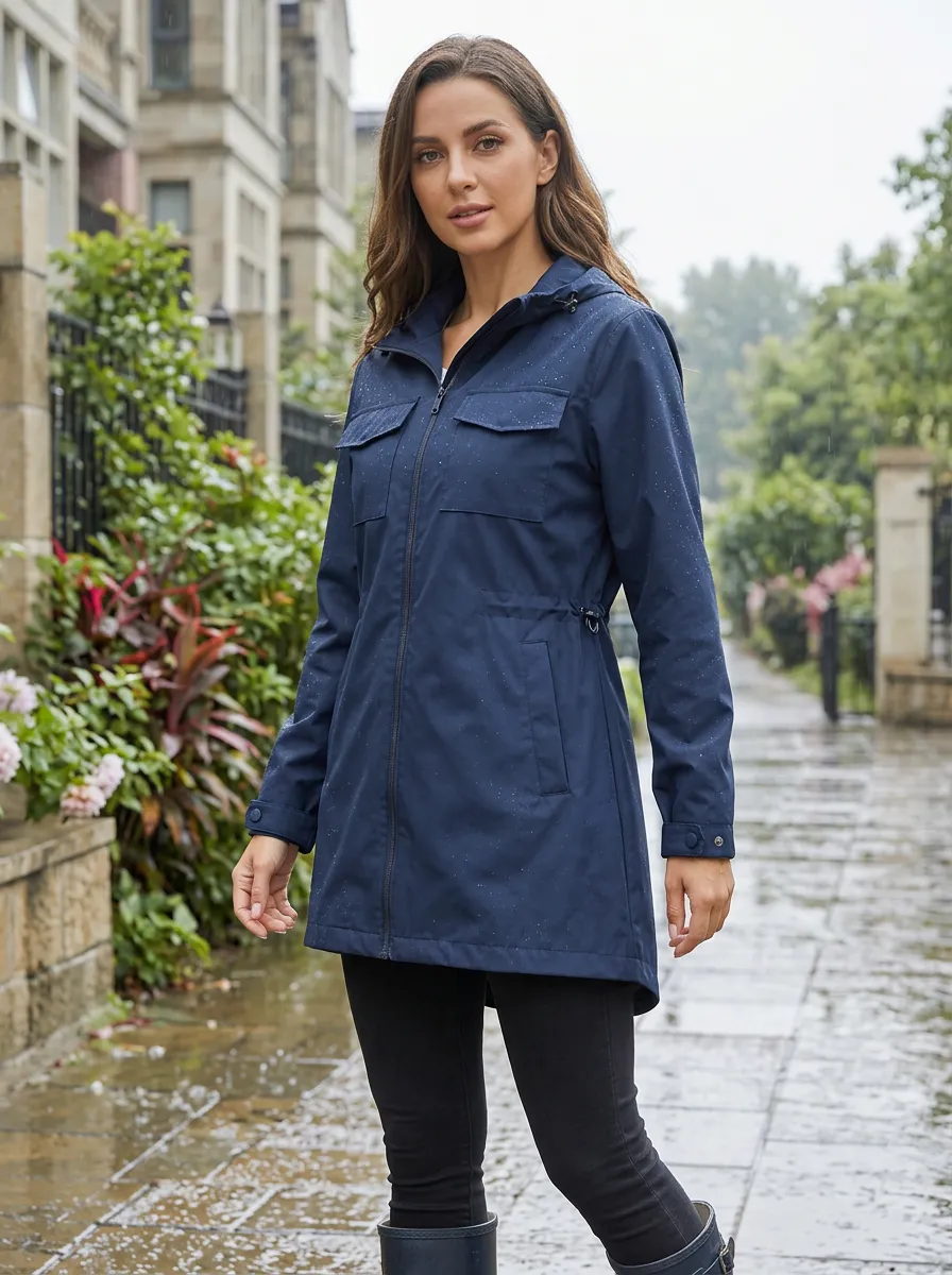 Women's Navy Blue Hooded Waterproof Rain Jacket with a Hood and a Chest Pocket