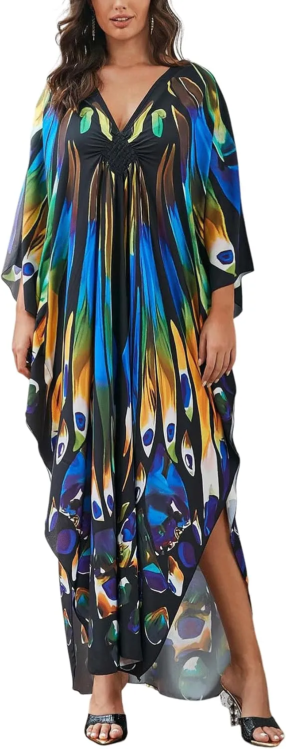KECVOT Kaftan Dresses for Women Plus Size Batwing Sleeve Caftans Long Bathing Suit Cover Up Maxi Beach Dress Loungewear