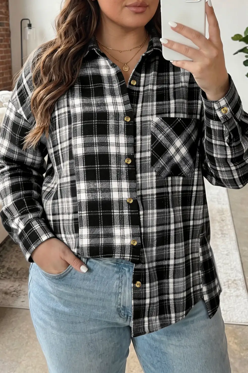 Women's Plaid Long Sleeve V Neck Shift Shirt Jacket