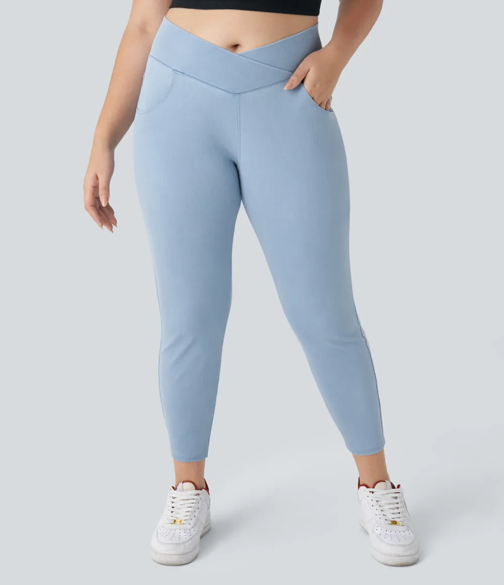 Magic High Waisted Crossover Multiple Pockets Stretchy Knit Denim 7/8 Plus Size Work Leggings