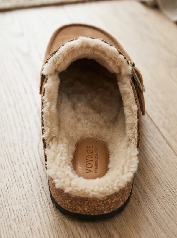 Women's Worksite Faux Fur Lined Buckle Detail Clog Style Suede Wood Sole Loafers