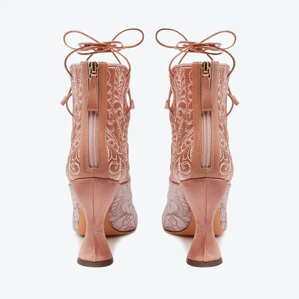 Embroidered Lace-Up Zip-Up Round-Toe Ankle Boots