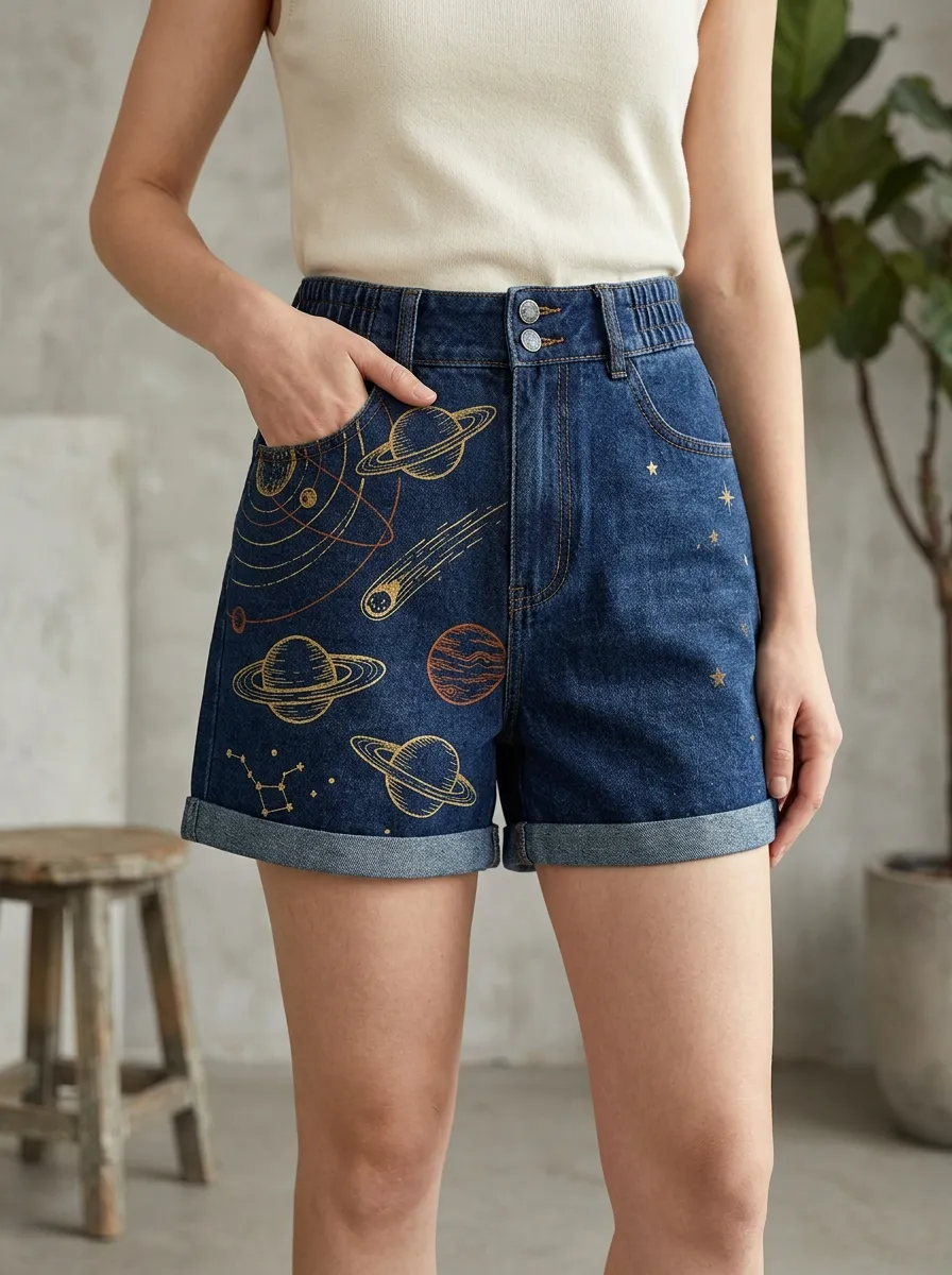 Women's Modern Space Astronomy Lover Planet Printed Denim Shorts