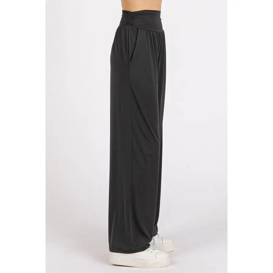 Stretch Banded Waist Wide Leg Pants with Pockets